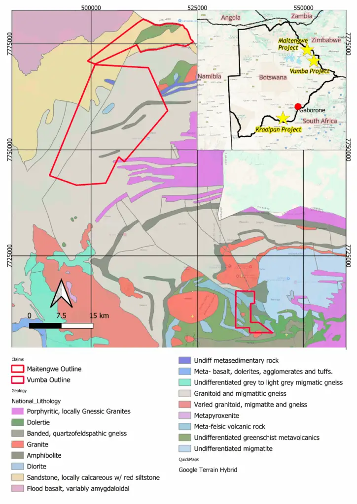 Figure 1: Project Location, with Regional bedrock geology of Botswana. Mod. After Geological Survey of Botswana (1998).