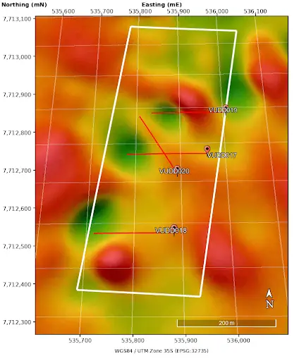 Figure 4. Central Vumba target area showing the VUDD017 opening hole in relation to VUDD020 (2nd planned hole) and the 1VD_UP15 magnetic map.