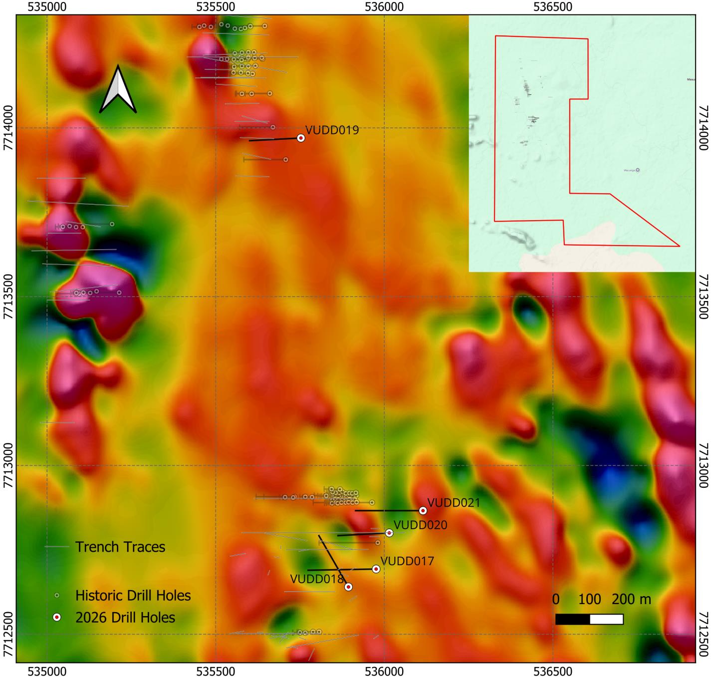 Vumba 2026 drilling sequence over first vertical derivative magnetics